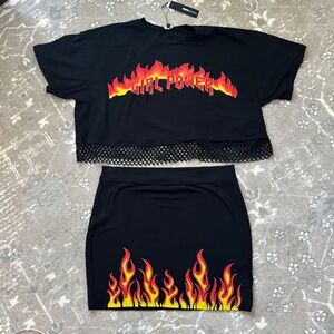 Girl on Fire Two Piece Set Crop Top & Mini Skirt with Flames